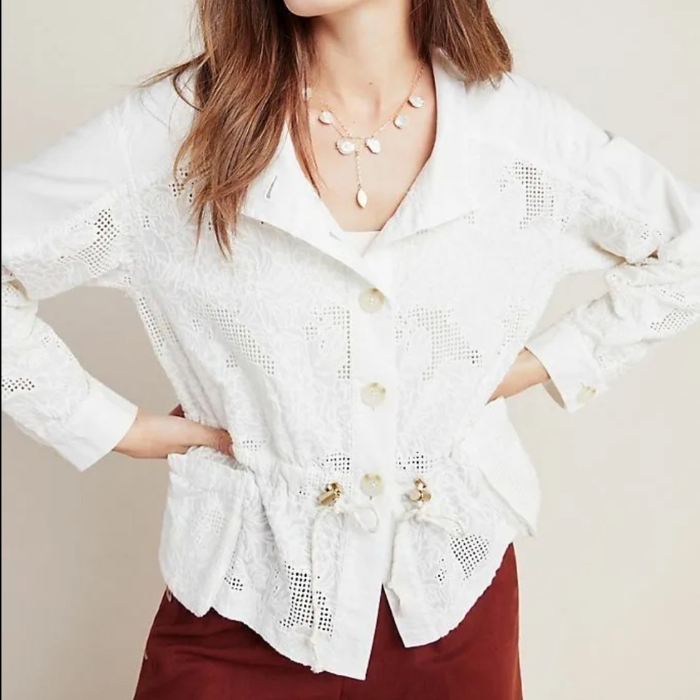 Anthropologie-NWT Ivory Floral Eyelet Lace Drawstring no Longsleeve Zipup Jacket